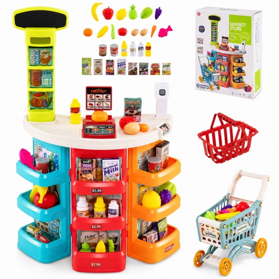 Redsmile 76-Piece Kids Supermarket Playset with Light and Sound Scanner, Shopping Cart and Grocery Accessories, 31-Inch Pretend Store for Ages 3 , Blue