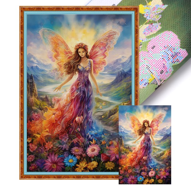 Hilo Algodón Bordado Punto Cruz Impreso Hada Y Mariposa 11CT 50x75cm