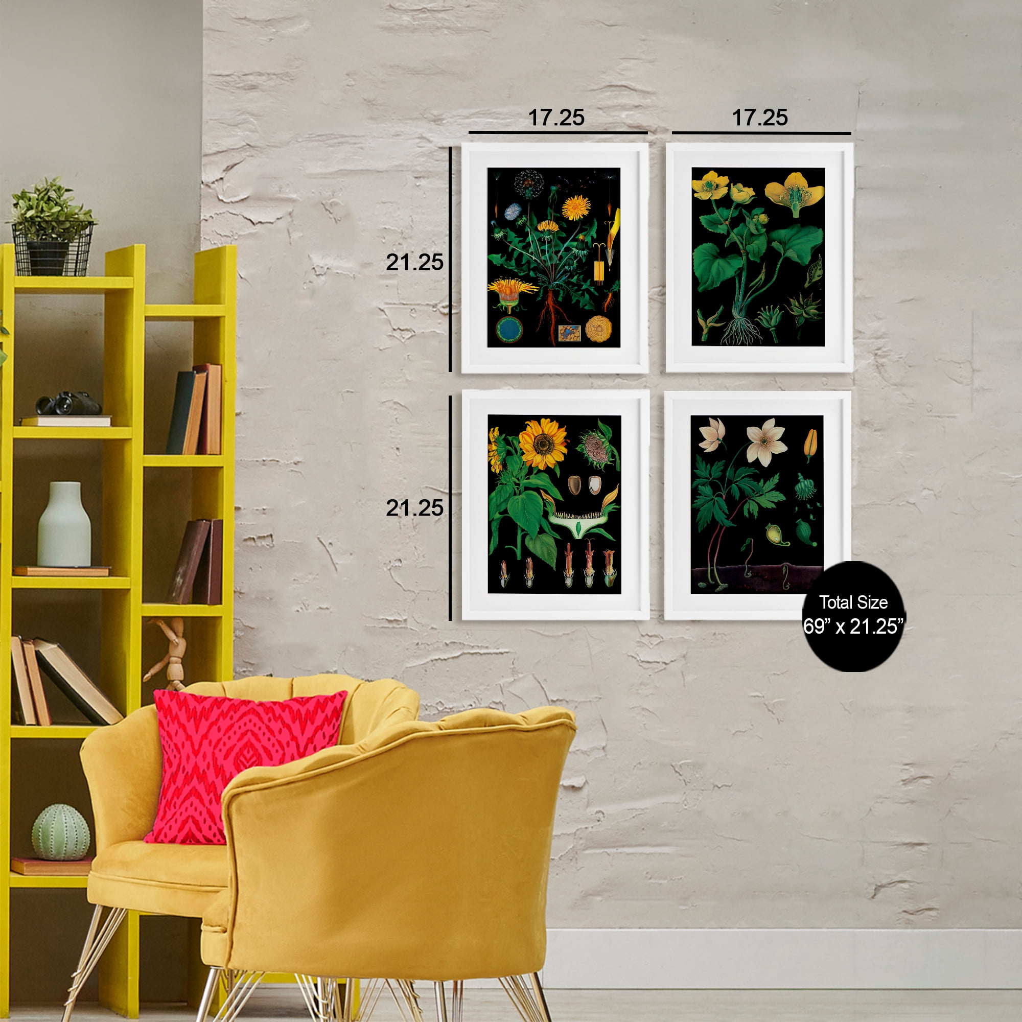 Stupell Industries Botanical Illustrations on Black 4 Piece White Framed Print Under Glass Set, design by Vintage Hustle