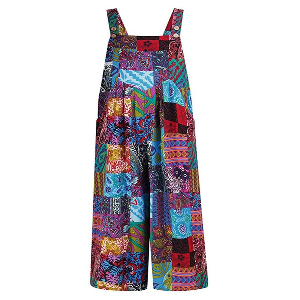 Salopette Femme été Sans Manches - Coton Et Lin - Motif Fleurs Bohème - Coupe Ample Avec Poches Profondes
