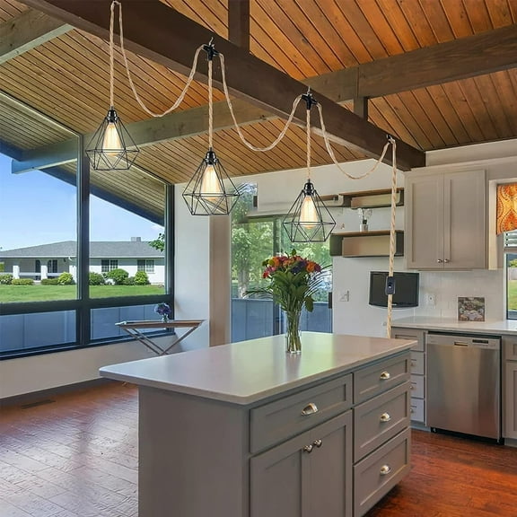 PYYAN-3-Light Hanging Light with Plug in Cord,Plug in Pendant Light 22ft Hemp Rope Pendant Lighting Vintage 3-Light Hanging Lamp Fixtures for Kitchen Island Living Room Bedroom