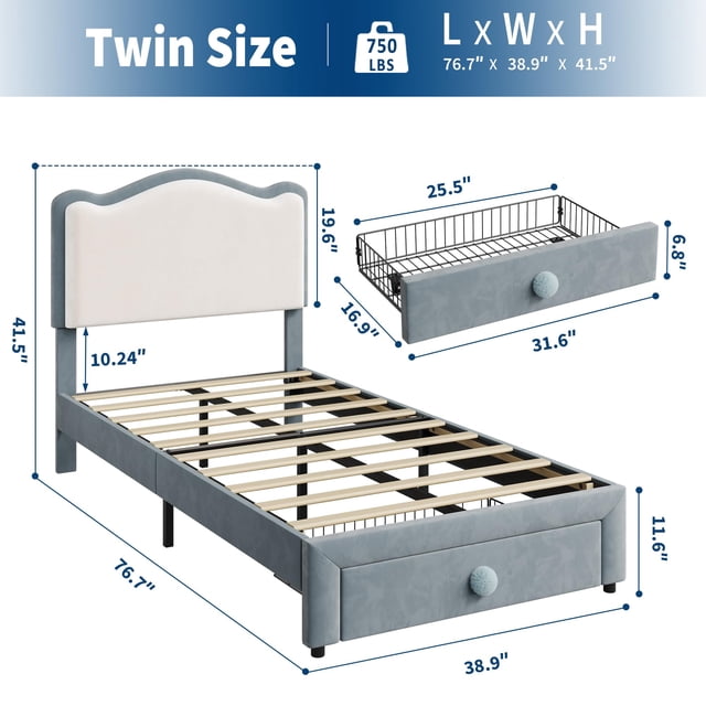 Kojooin Upholstered Kids Bed Frame, Toddler Platform Bed with Headboard and Storage Drawer, No Box Spring Needed