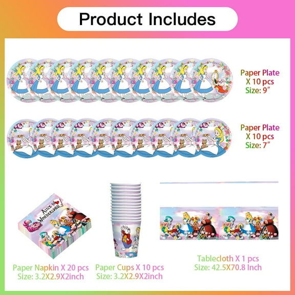 Alice in Wonderland Party Supplies Set Plates Cups Tablecloth Napkins Kids Party