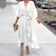 thumbnail image 3 of Vestido elegante con cinturón y cordones para mujer, vestido sexy de corte A con escote en V, manga corta, irregular, vestido de moda, drapeado, liso, estilo bohemio, midi, 3 of 5