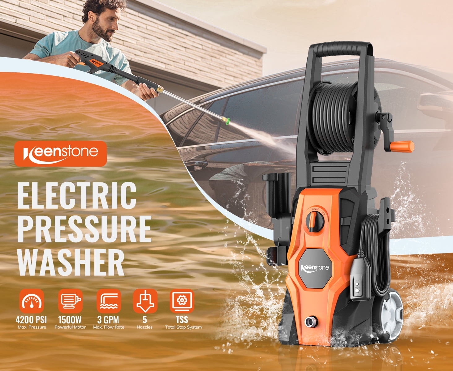 Keenstone Electric Pressure Washer, 4200PSI Max 3 GPM Power Washer with 35FT Power Cord 20FT Hose 5 Nozzles,Soap Cannon for Cars Patios