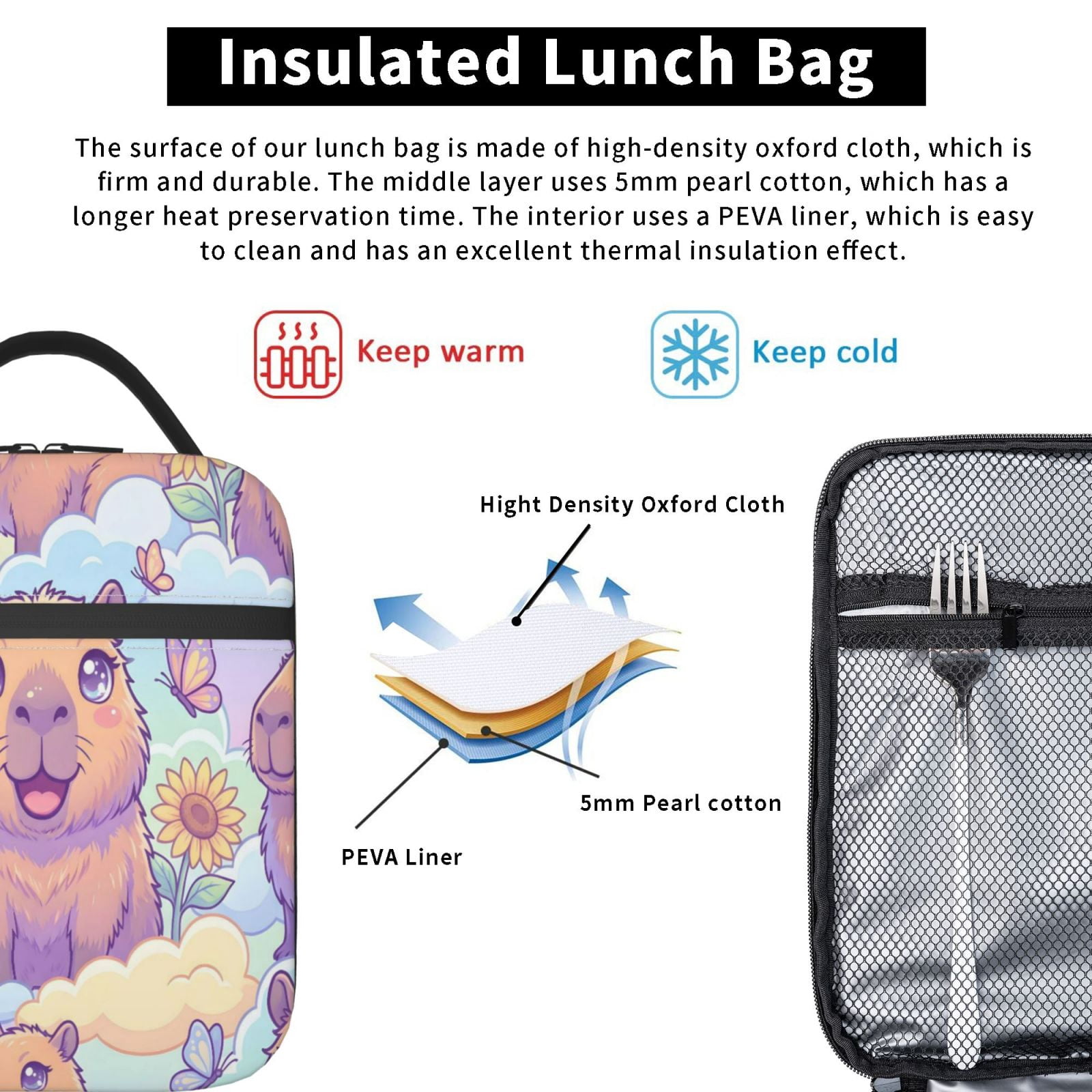 Lunch Bag For Women Men Insulated Portable Lunch Box Bento Box Office Picnic Travel Cooler Bag Capybara Pattern Image 3