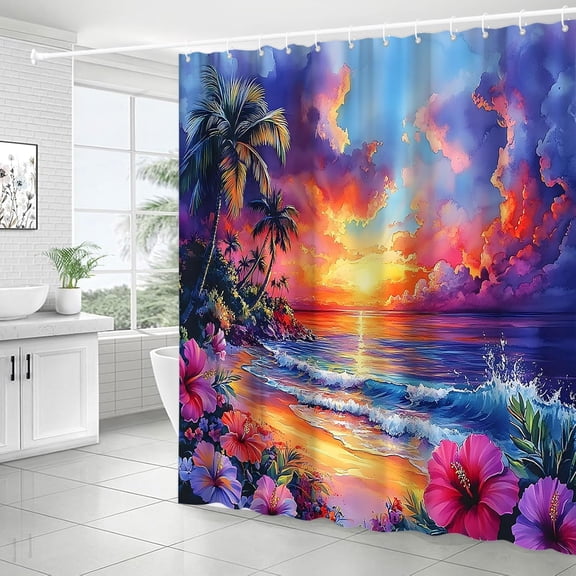 Beach Sunrise Shower Curtain Colorful Sky Tropical Ocean Coastal Palm Tree Floral Hawaii Seaside Watercolor Seascape Bathroom Decor Fabric Curtain with Hooks-36"W x 72"L (Pack of 1)