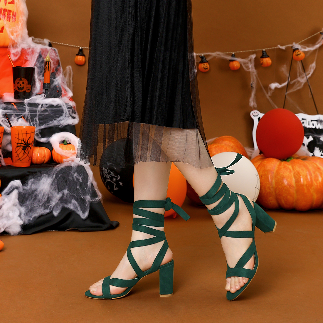 DARING DIVA Women's Open Toe Crisscross Lace Up Chunky Heel Sandals Green 8.5