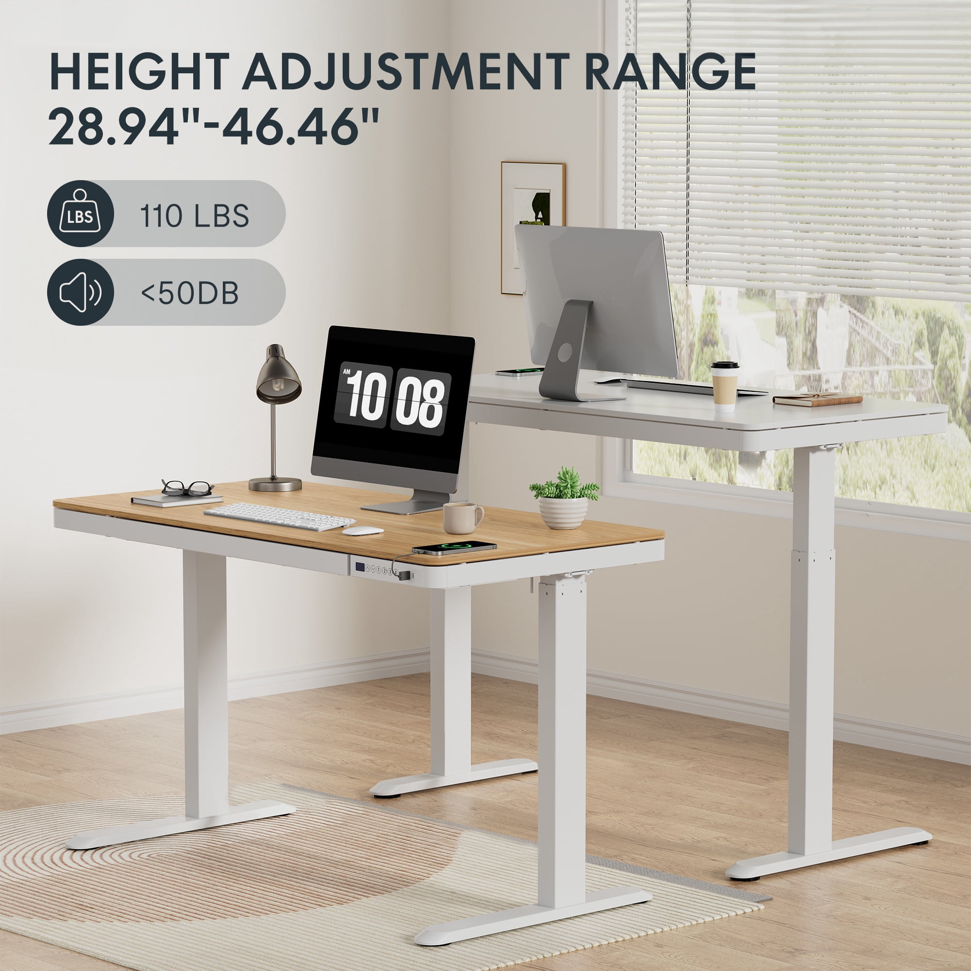 FLEXISPOT 48" W Home Office Height Adjustable Standing Desk White and Maple with USB Charge Ports and Embedded Drawer