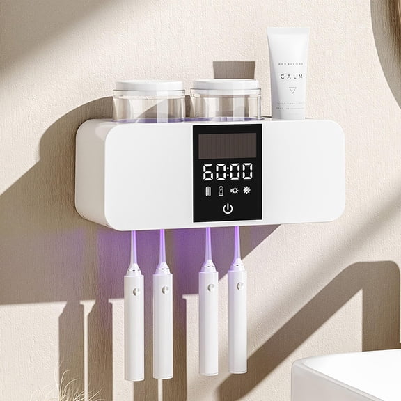 Solar Powered 2-Cup Toothbrush Holder Wall Mounted – Smart UV Cleaning & Drying Box with 4 Slots for Bathroom Storage