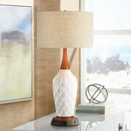 360 Lighting Mid Century Modern Table Lamp with USB and AC Power Outlet Workstation Charging Base 30" Tall White Ceramic Drum Shade Bedroom