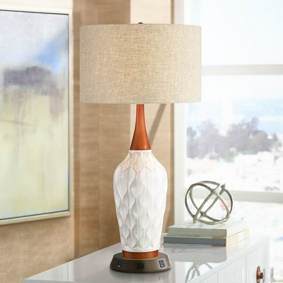 360 Lighting Mid Century Modern Table Lamp with USB and AC Power Outlet Workstation Charging Base 30" Tall White Ceramic Drum Shade Bedroom