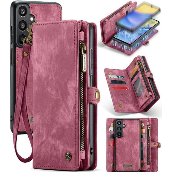Case for Samsung Galaxy A15 5g Tpu Pc Handmade Leather Zipper Detachable Card Holder Wallet Cover Trifold with Strong Magnetic