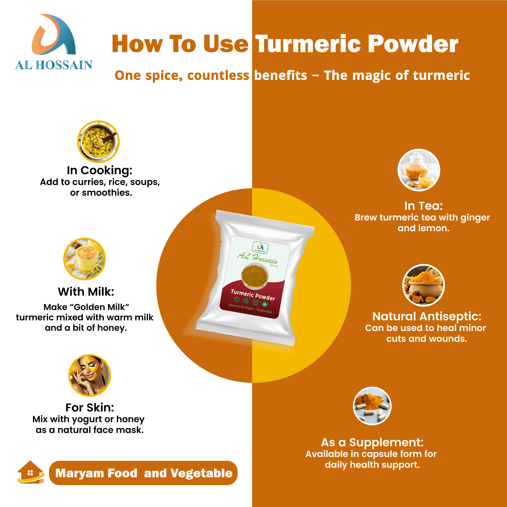 Al Hossain indian Natural Turmeric Powder – Bulk 11 LBS/ 5kg (176 oz).Gluten-Free.Haldi powder. Pure Turmeric Supplement. Ground from Raw Turmeric Root. Natural Golden Spice for Immunity Support.