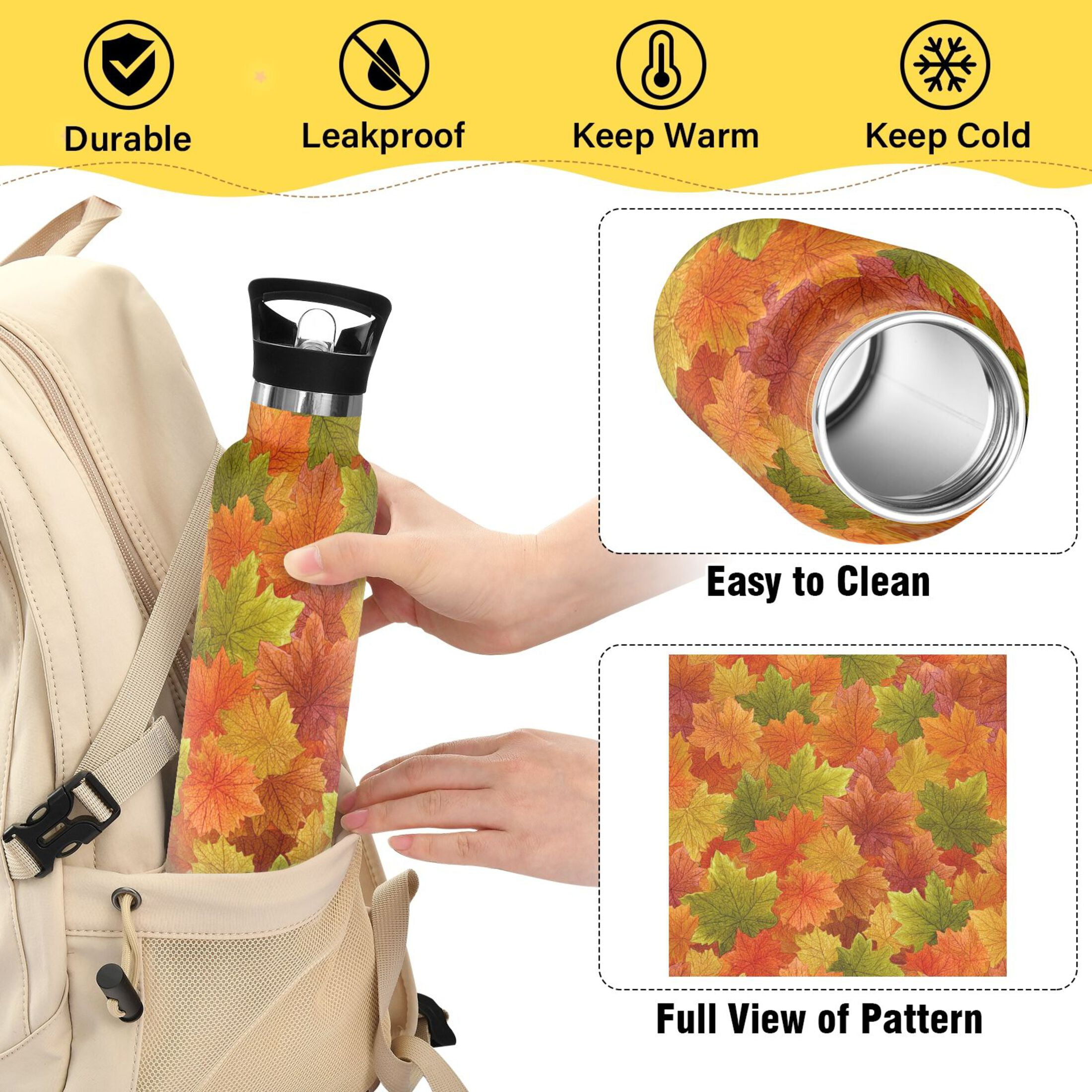 600ML Stainless Steel Insulated Cup Sports Water Bottle Portable Thermos Cup Water Glasses Insulated Tumblers Convenient and Durable Colorful Maple Leaves