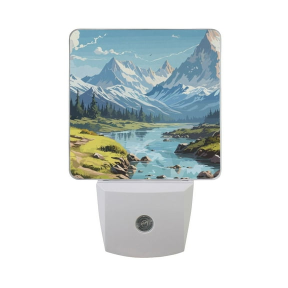 Beautiful Landscape River Mountain Night Light LED Dusk to Dawn Auto Sensor Night Lamp Plug-in Nightlight for Bedroom Hallway Kitchen 2 PCs