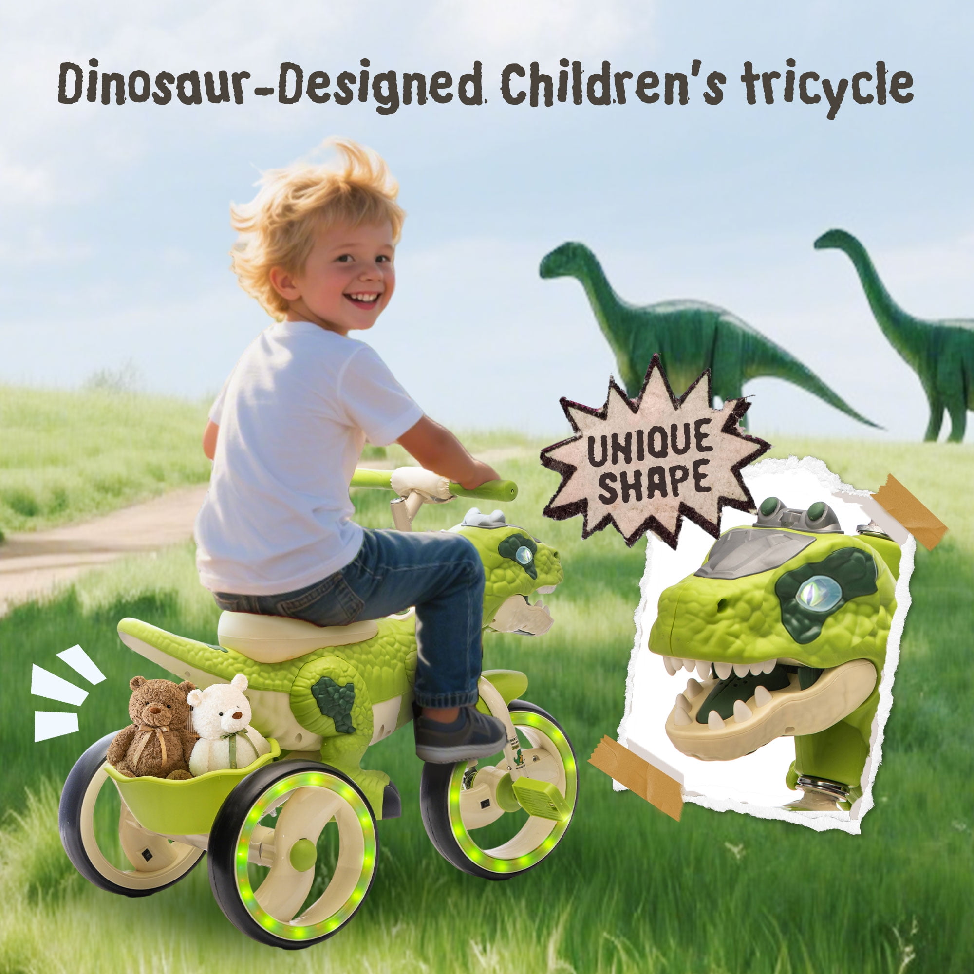 Xuanlur Kids Ride on Dinosaur Tricycle, Toddlers Kid Trike with EVA Wide Flash Wheels, Anti-Slip Pedals, Rear Basket, Music & LED Lights, Toddler Bike Toys Gift for 3-6 Year Old Boys & Girls (Green)