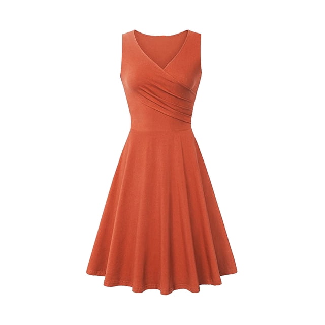 WTXUE Robes Chemises, Robes Chemises Sans Manches pour Thé à Col en V, Robe Décontractée pour Femmes Robe T-Shirt Ajustée Robe Évasée Robe Unie Froncée Robe Unie Mi-Longue pour Femmes, Orange Taille M