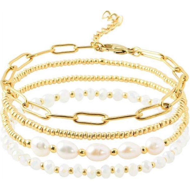 CHAO Delicado juego de pulseras de cuentas de cristal y perlas doradas para mujer, pulsera de cuentas de cristal y perlas chapadas en oro real de 14 quilates, pulseras de cadena de eslabones con clip
