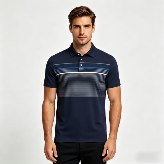 Mens Polo Shirts Casual Athletic Striped Print Golf Shirts Navy XL