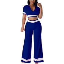 Tbopshirt Women's 2 Piece Outfits Fashion Women Summer Round-Neck Solid Color Casual Short SLeeve Top  Pant Set Wide Leg Pants