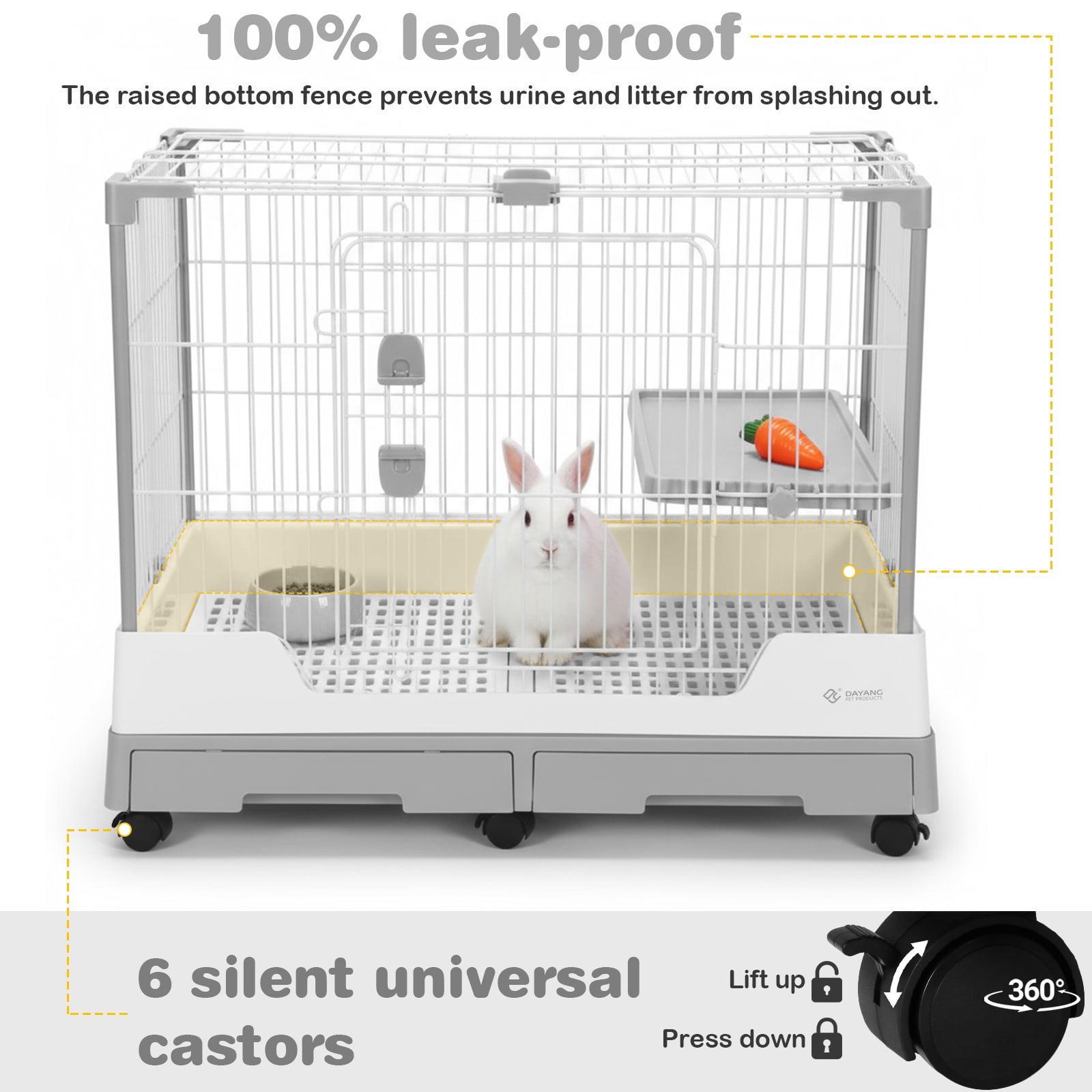 golytefs Gravity Lock Rabbit Cage with Pull Out Tray Wheeled Bunny Hutch Cage (Grey)