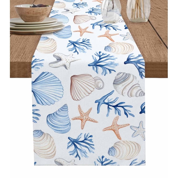 Ocean Coastal Table Runner 48 Inches, Blue Coral Shell Starfish Beach Summer Bed Runner Dresser Scarves Tabletop for Indoor Outdoor Parties/Ceremony/Banquet, 13" x 48"