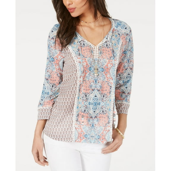Style & Co Printed Trim Tie Top Navy L