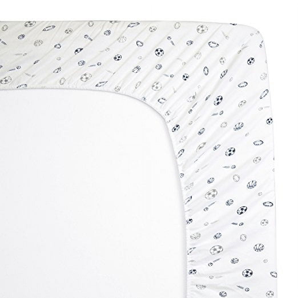 American Baby Company 2 Pack 100% Natural Cotton Fitted Mini Crib Sheets 38" x 24" - Soft Breathable Small Nesting Portable Sheets, Fits Pack N Play Mattress, Navy/Gray Stripes/Sports, for Boy & Girl