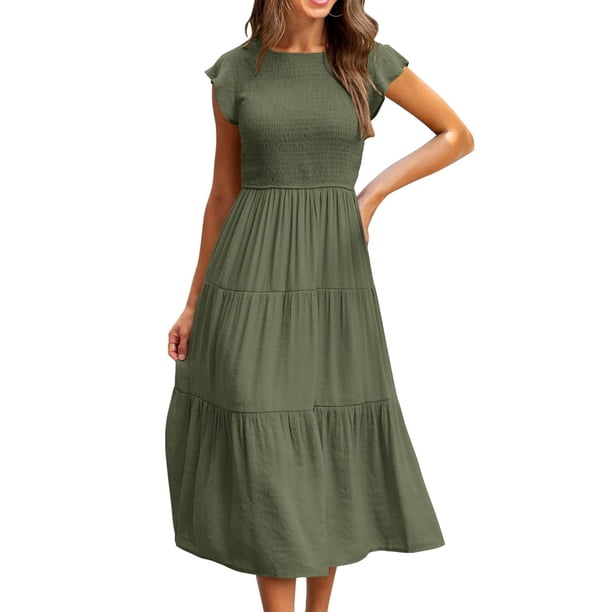 VISgogo Vestido de verano de color sólido para mujer, cuello redondo, manga corta con mosca, falda plisada en el pecho, falda para pastel VISgogo moda
