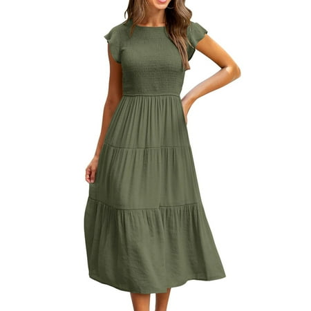 

Qiylii Women Solid Color Summer Corset Dresses Round Neck Short Fly Sleeve Pleated Chest Cake Skirt Garment Dress