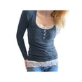 thumbnail image 2 of Kmbangi Women Fashion Lace Stitching T-Shirt Long Sleeve Sweet Temperament Shirts Square Neck Spring Fall Tops, 2 of 6