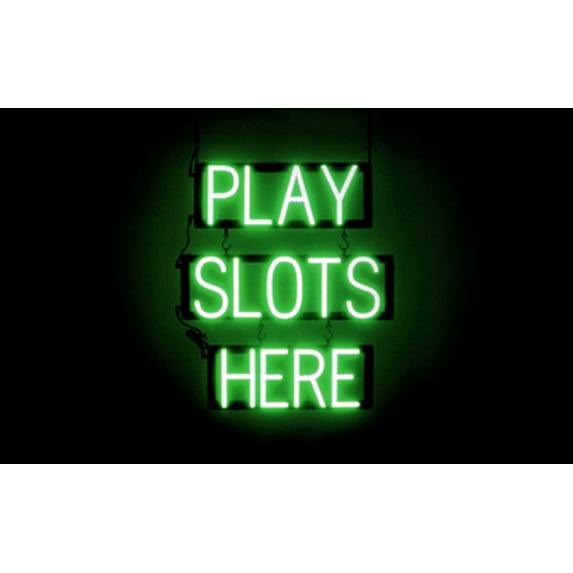 SpellBrite PLAY SLOTS HERE LED Sign for Business. 20.3" x 23.8" Green PLAY SLOTS HERE Sign Has Neon Sign Look With Energy Efficient LED Light Source. Visible from 500+ Feet, 8 Animation Settings.