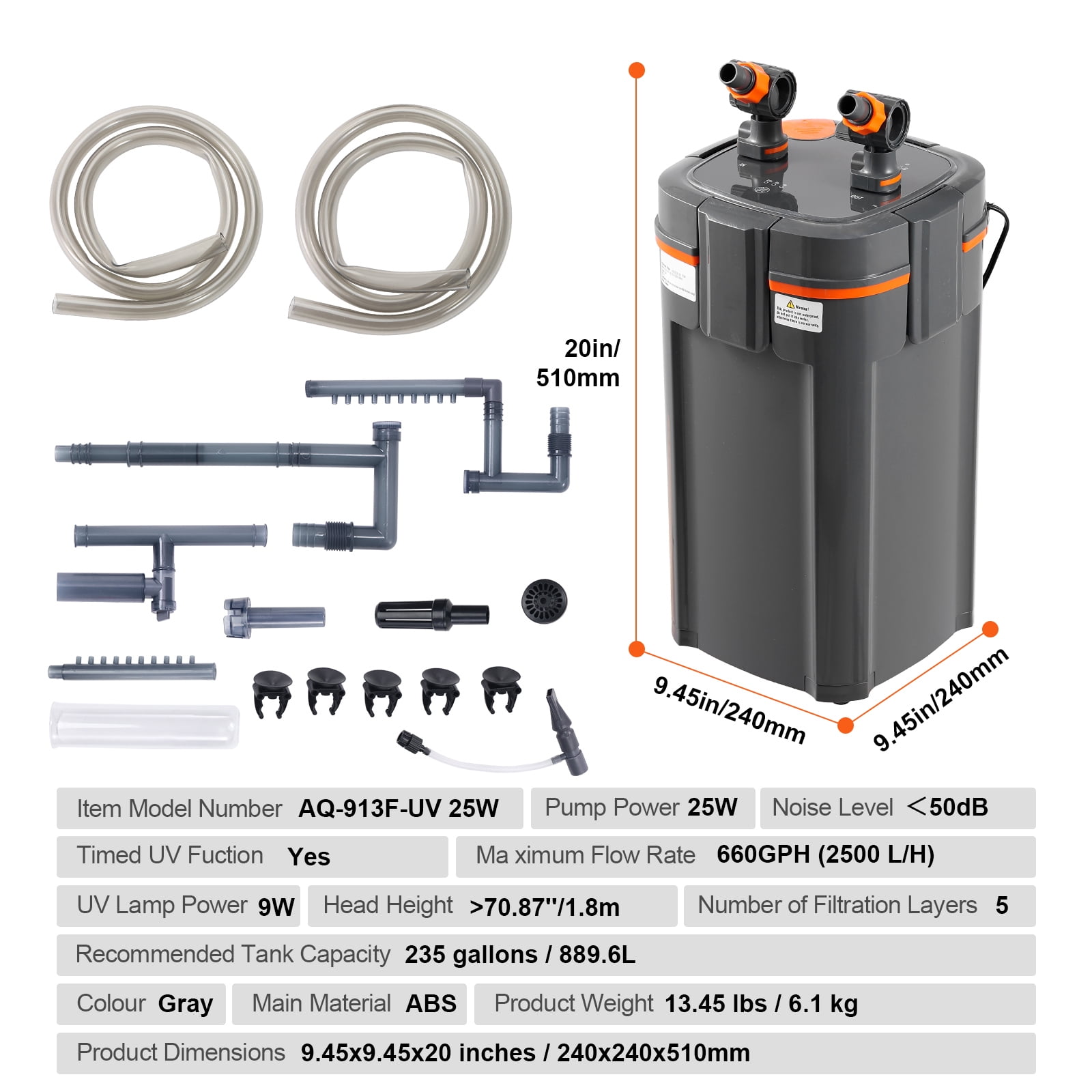 KFFKFF Fish Tank Filter 660GPH, Multi-Stage Canister Filter 235 Gallon, Whisper-Quiet In-Tank Filter with UV Shielding, Immersible Power Filter with Various Functions for Aquariums, 25W