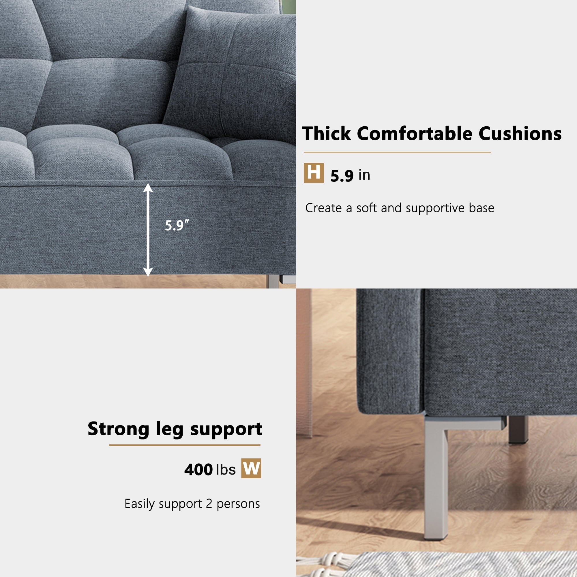DEALTOPS Upholstered Futon Sofa Bed Sleeper Sofa Couch Convertible Folding Couch Bed Adjustable Recliner Loveseat Sofas for Living Room - Gray