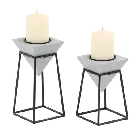 Gray Candle Holders Decmode Modern Gray Inverted Pyramid Wooden Candle Holders With Black Metal Stand, Gray - Set of 2 ()