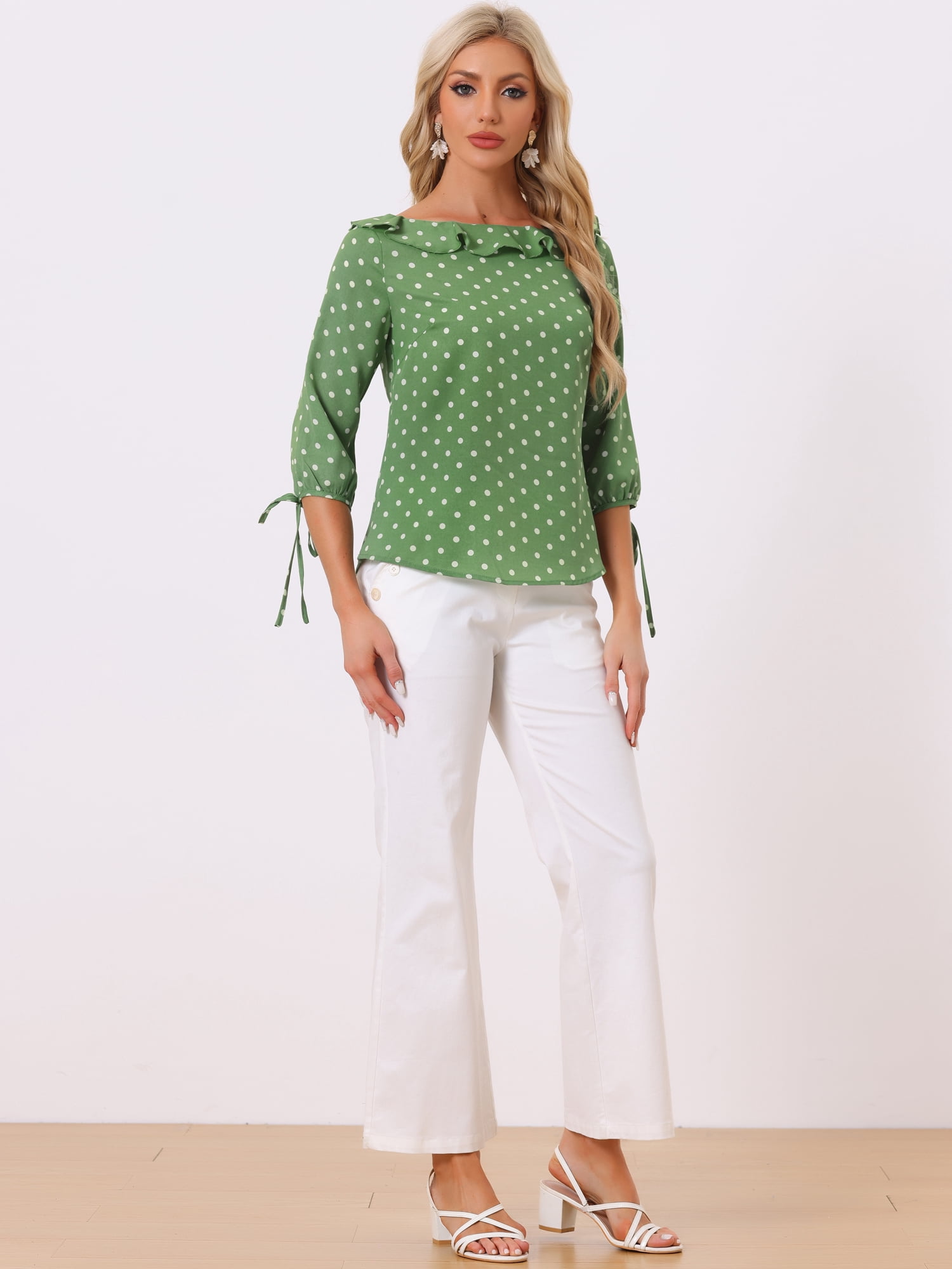 DARING DIVA Polka Dots Ruffled Neck 3/4 Sleeve Blouse Top M Dusty Green