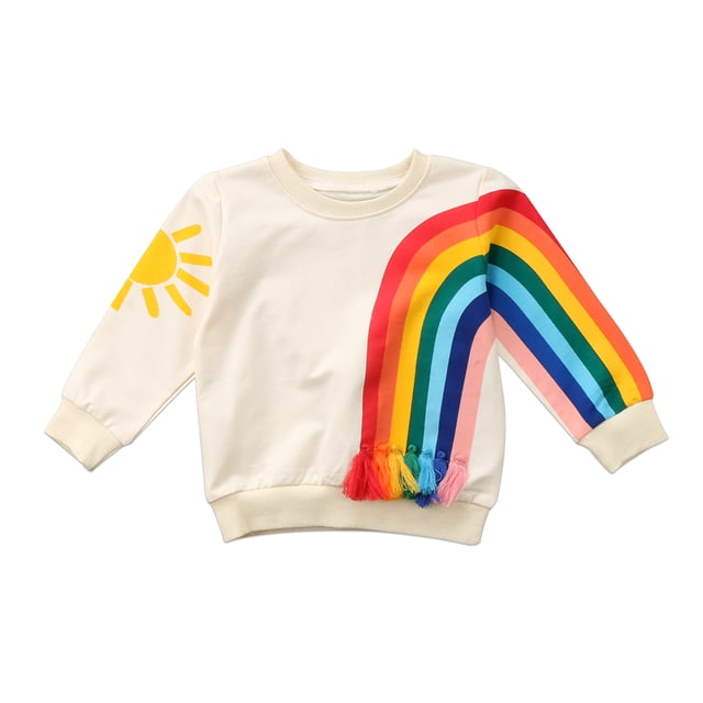 Bébé Filles Arc-en-Ciel Pompons Sweat-Shirts Col Rond Manches Longues Pull Imprimé Soleil
