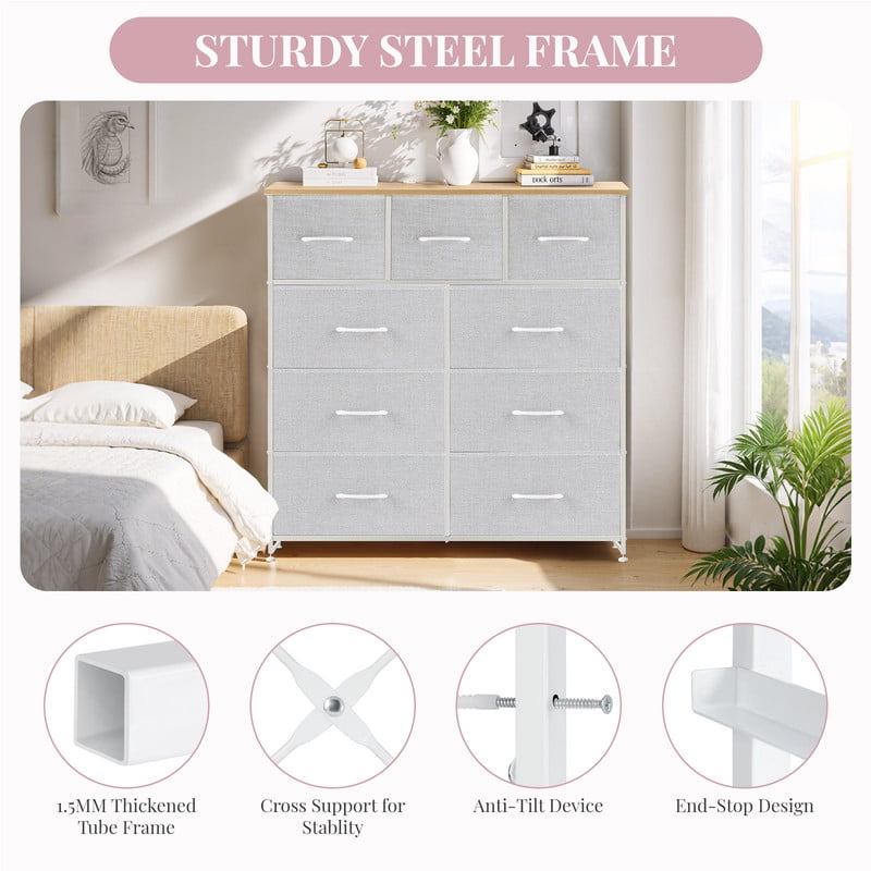 9 Drawers Dresser, Storage Dresser Organizer with Drawers, Chest of Drawers, Dresser with Metal Frame and Wood Tabletop for Bedroom, Guest Room, Closet, Entryway, Nursery, Light Gray