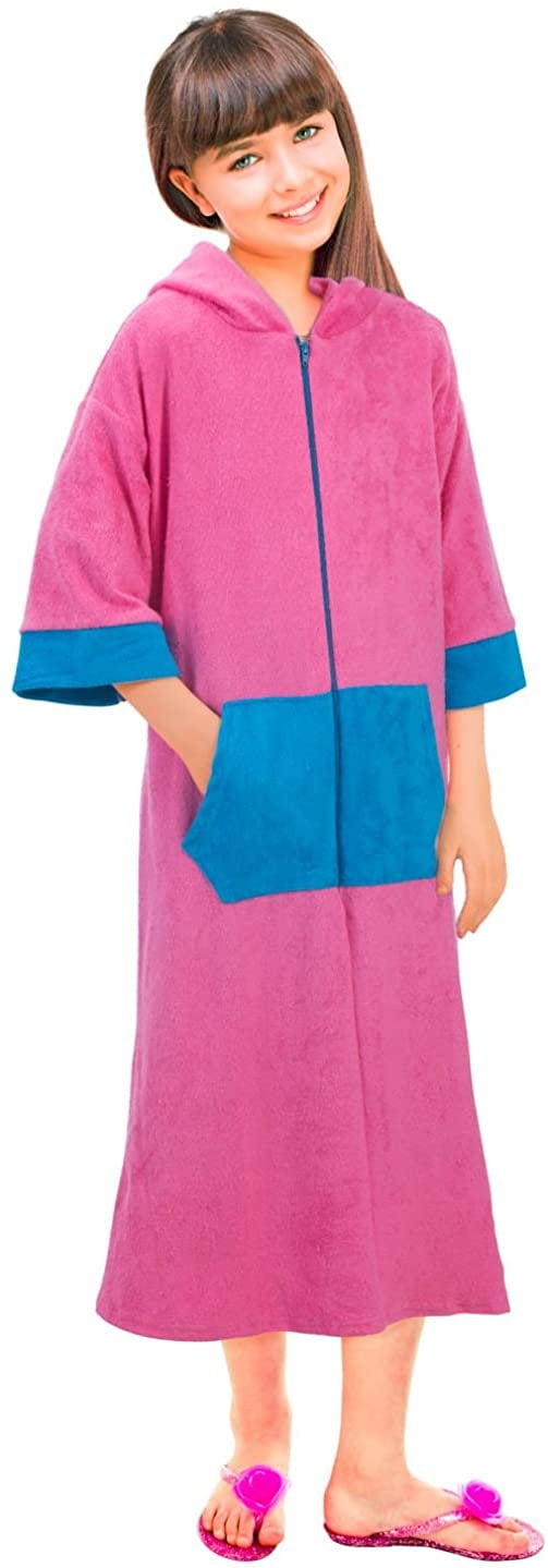 Girls Long Sleeve ZipUp Terry Coverup Swim Robe with Hood and Pocket