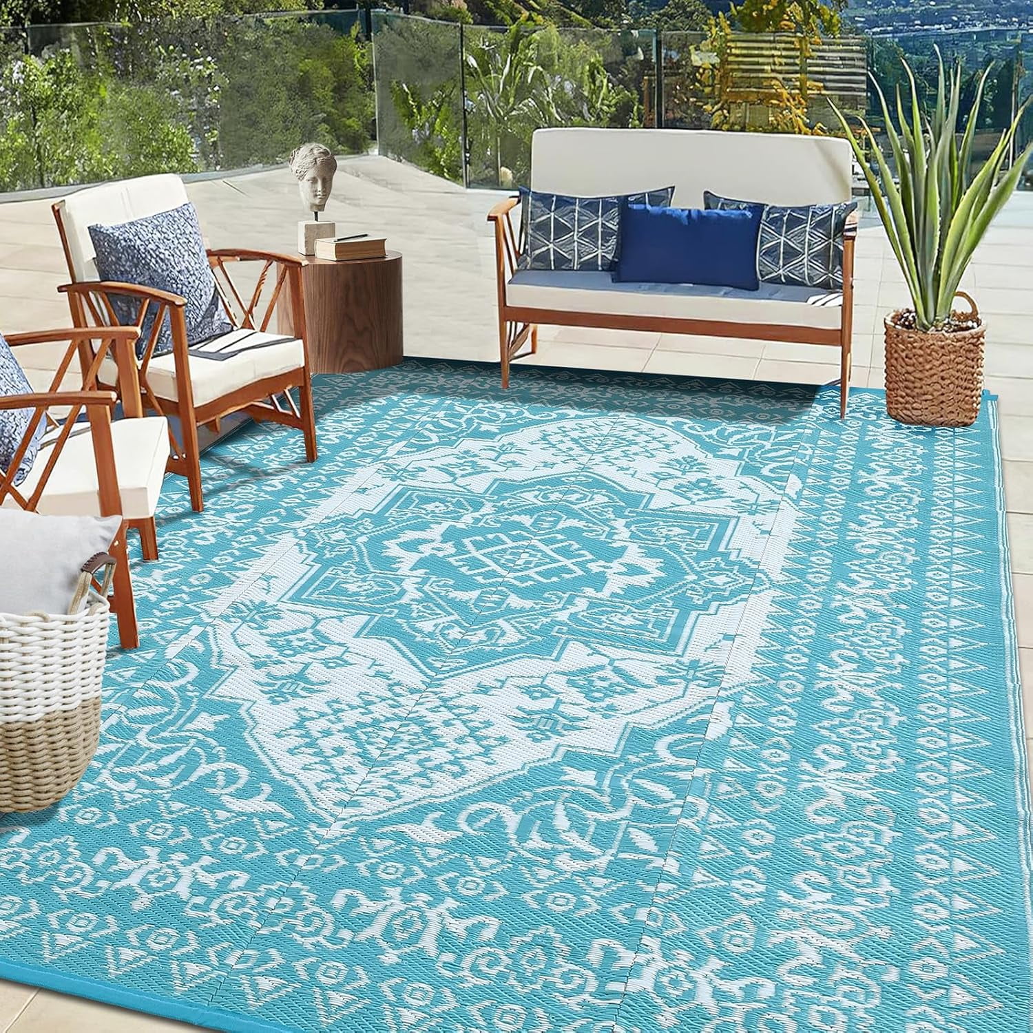 Riedhoff Outdoor Rug 10' X 8', Reversible, Foldable, Light Blue & White Patterned