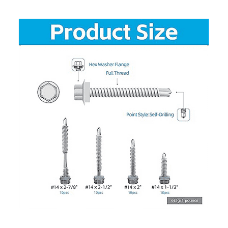 40PCS 14 x 1-1/2 Inch to 2-7/8 Inch Self Drilling Screws for Metal,Stainless Steel Sheet Screws,for Building and Repair