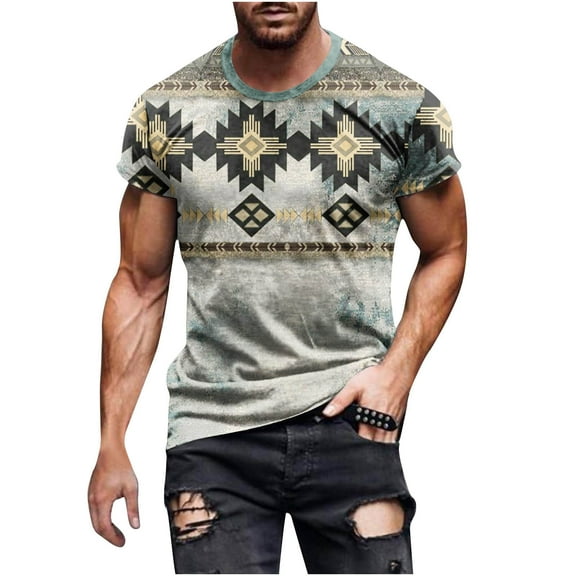 Men's Western Aztec Crewneck T Shirt Ethnic Totem Graphic Summer Tee Tops Casual Short Sleeve Workout Shirts