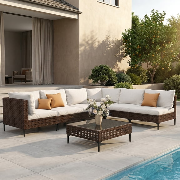 EVERITE 7-Piece Outdoor Conversation Set,Brown Rattan & Off-White