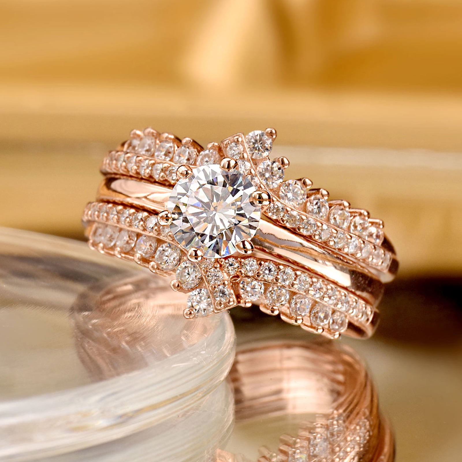 Newshe Wedding Rings for Women Engagement Ring Enhancer Band Bridal Set Sterling Silver 1.8Ct Cz Rose Gold Plated Size 7.5
