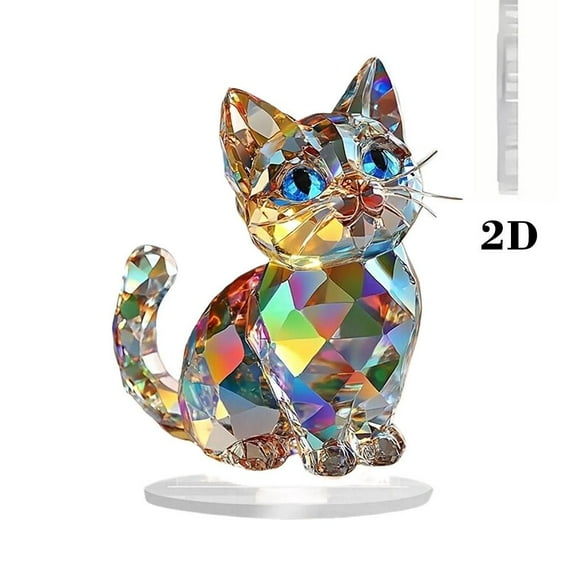 Crystal Animal Sculptures, 2D Flat Acrylic Figurine Decorative Ornaments, Colorful Stand Figurines With Decor Kitten Animal