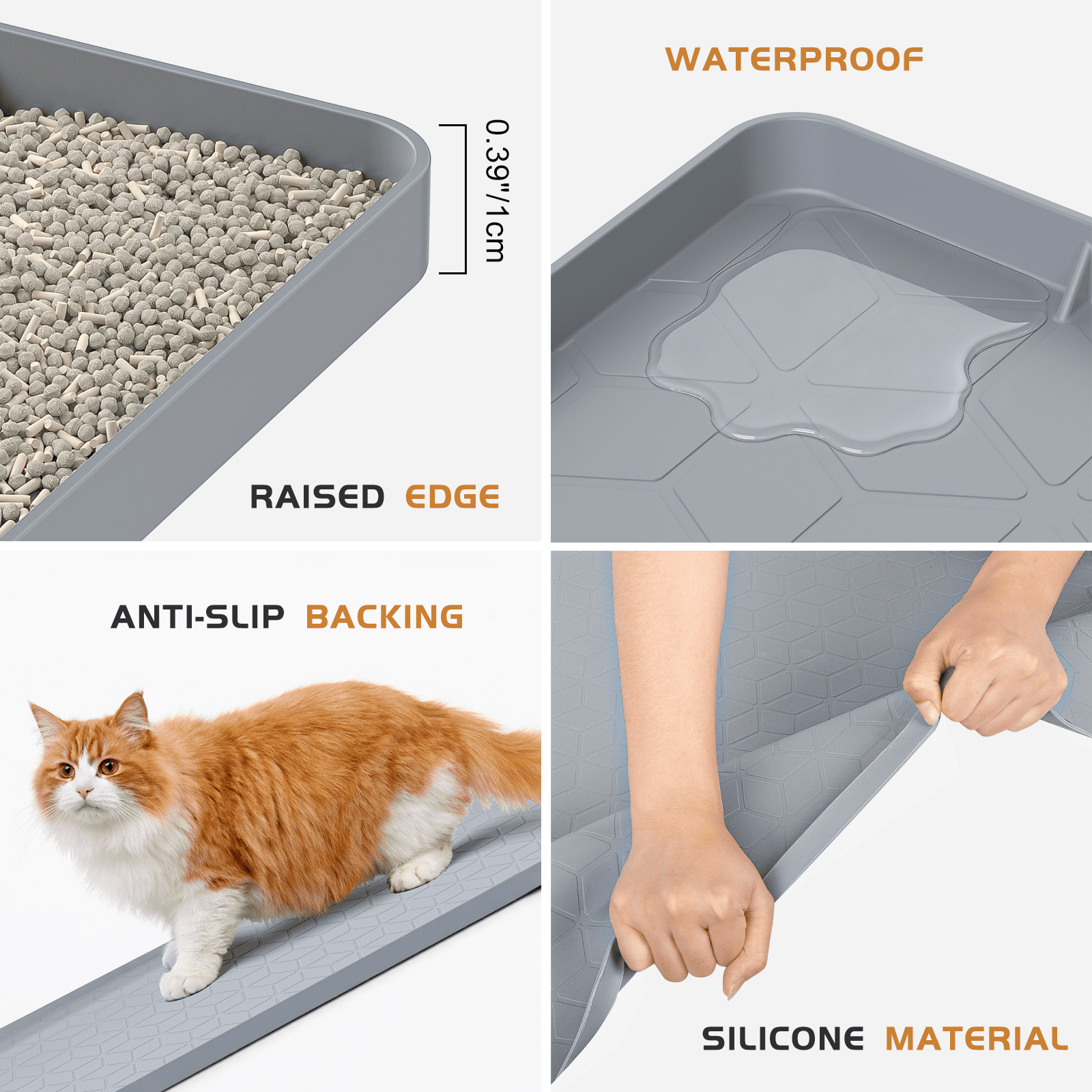 Cshidworld Cat Litter Box Mat, Large 34" X 22" Silicone Cat Mat for Litter Box, Waterproof & Non-Slip Pad for Floor, Easy to Clean Kitty Litter Pads for Indoor Cats, Gray