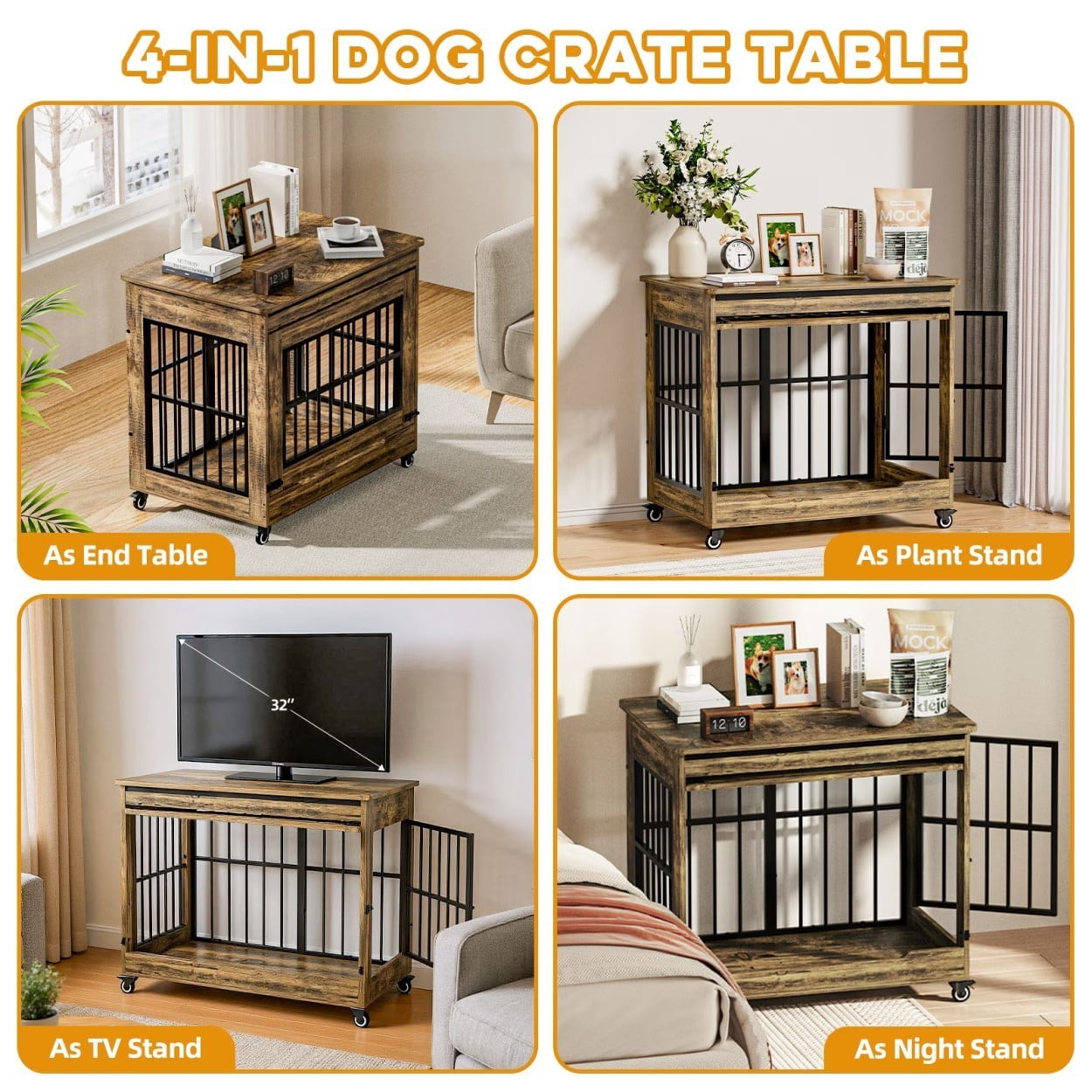 32" Dog Crate Furniture, Wooden Dog Kennel with Double Doors & Wheels, Indoor Dog Cage End Table for Small & Medium Dogs, Furniture Style Pet Crate, Rustic Brown
