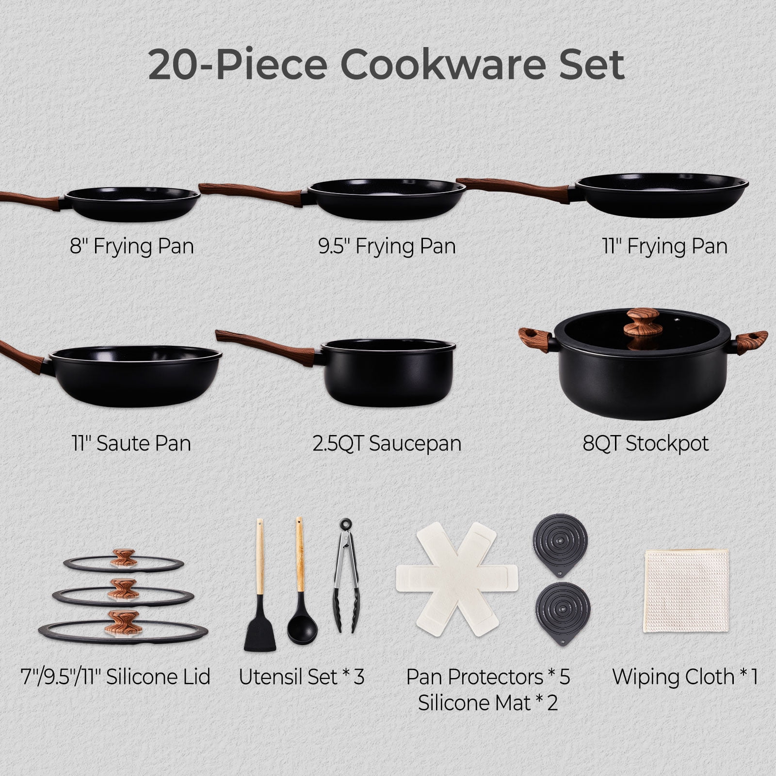 Ktaxon 20pcs Nonstick Cookware Set with Woodgrain Handle, 6 Pots and Pans Set Aluminum Kitchen Cooking Set, Induction Safe, Black