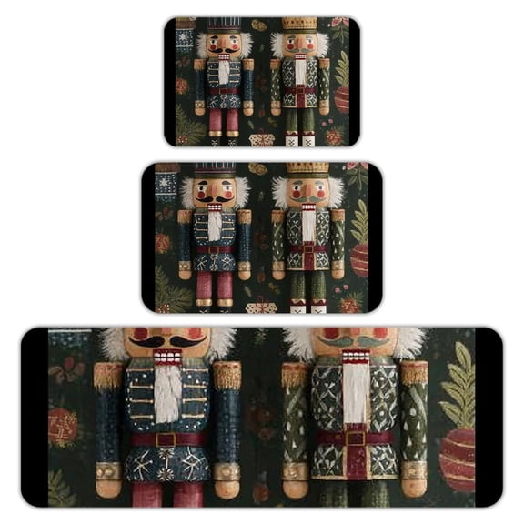 RKSupls Kitchen Rug Set 3 Piece Anti-Slip Flannel Floor Mats, Nutcrackers Christmas Dark Washable Absorbent Runner Mats for Kitchen Bathroom Home Decor